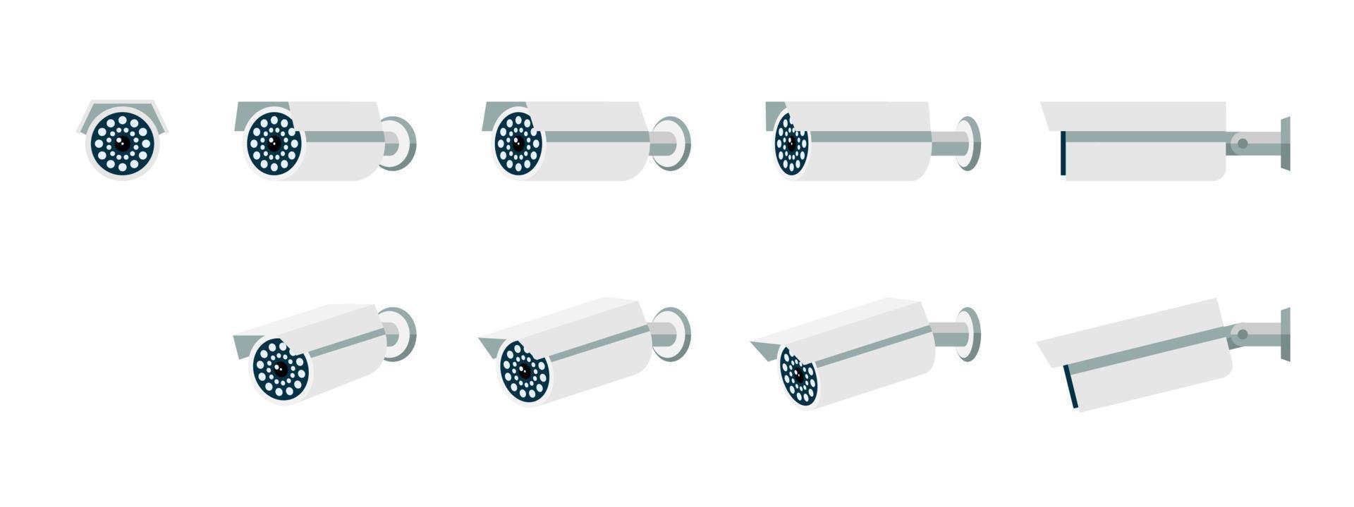 CCTV camera icon set. Security surveillance flat icons. Safety control videcam rotation collection. Video protection system isolated symbols. Vector eps illustration