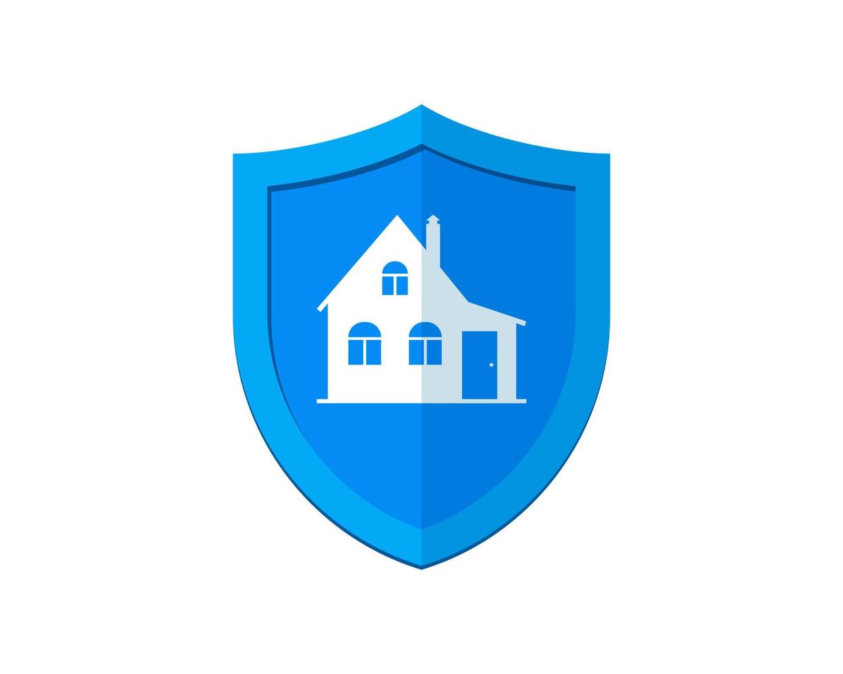 Home protection logo design template. Blue shield with house logotype. Property security symbol. Building alarm icon. Guarding sign vector isolated eps illustration