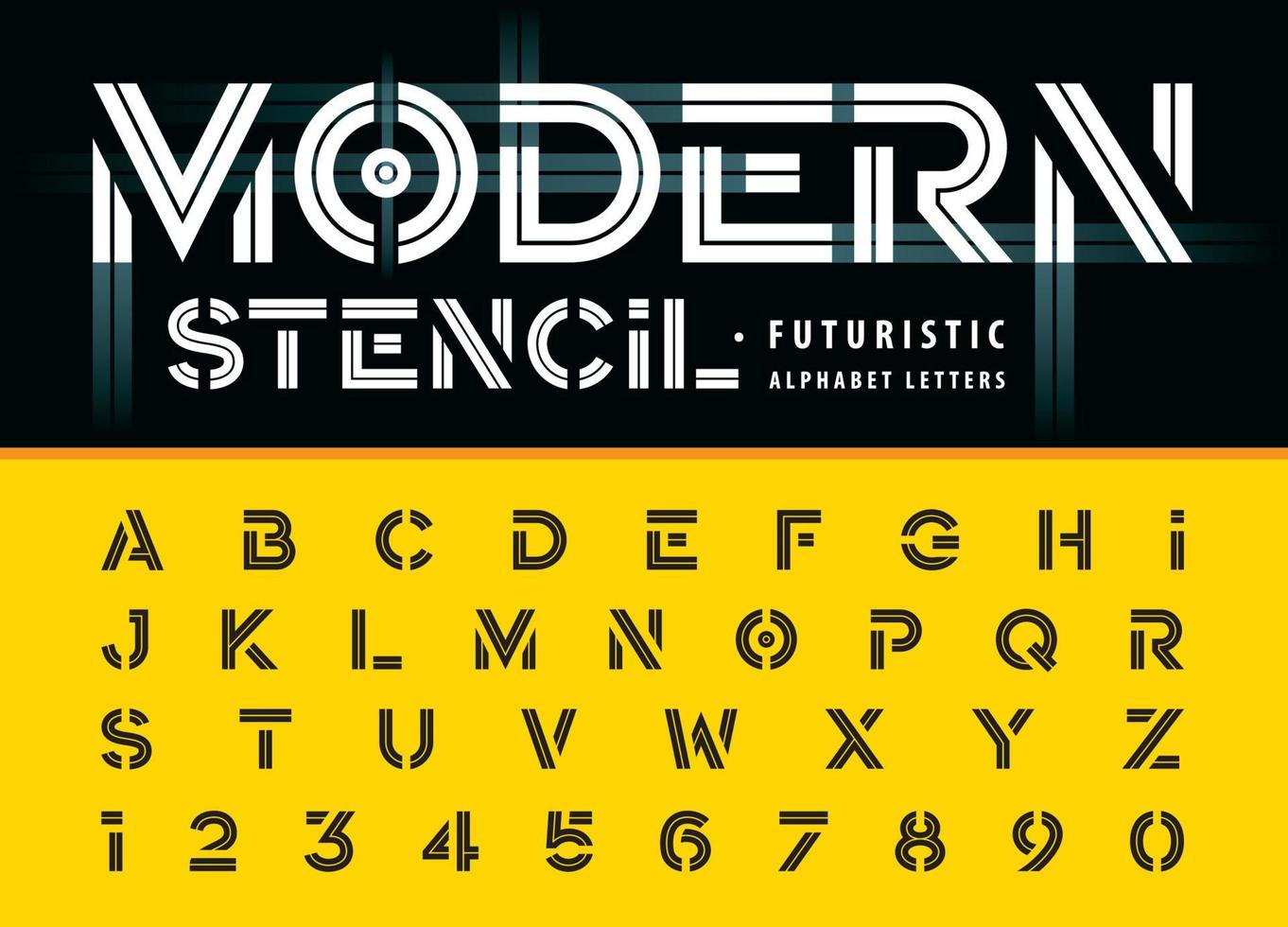 Letras y números del alfabeto moderno de doble línea, fuente mínima de letras en negrita para la moda, futurista, tecnología. vector