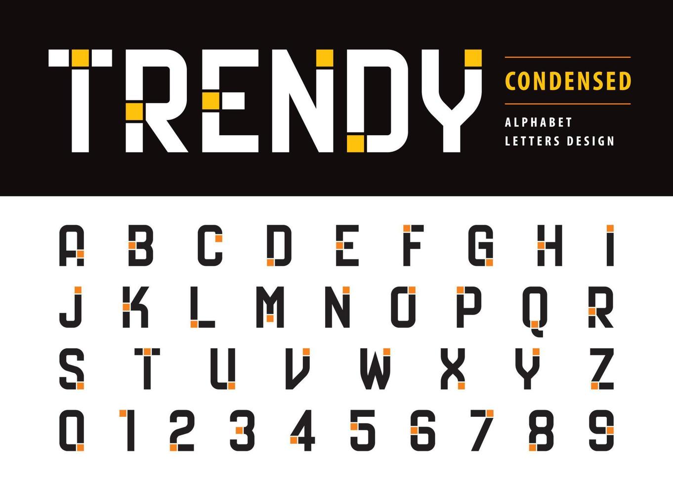 Letras y números del alfabeto en negrita condensados modernos, letras en cursiva mínimas establecidas para universal, marca, identidad. vector