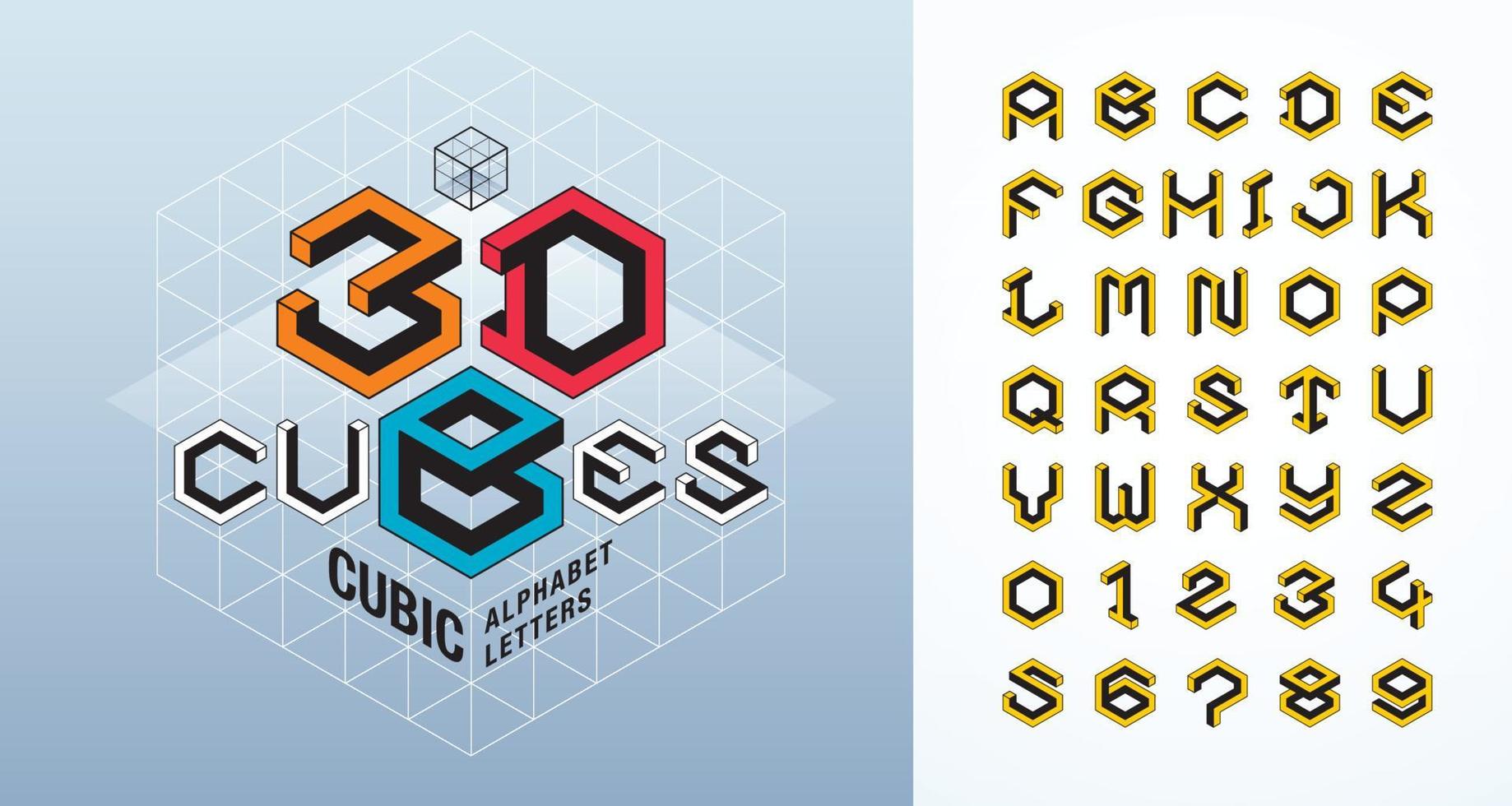 Abstract 3d Hexagon stylized fonts. Vector of Cube Alphabet Letters and numbers.