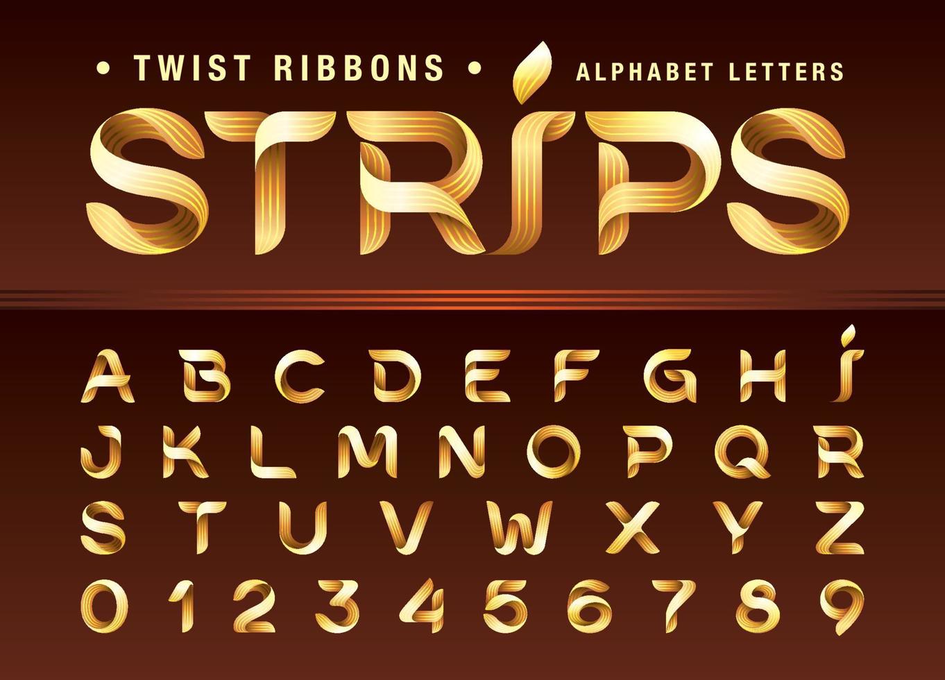 Three Line Twist Ribbons Gold Alphabet Letters and numbers, Modern Origami stylized rounded Lettering vector