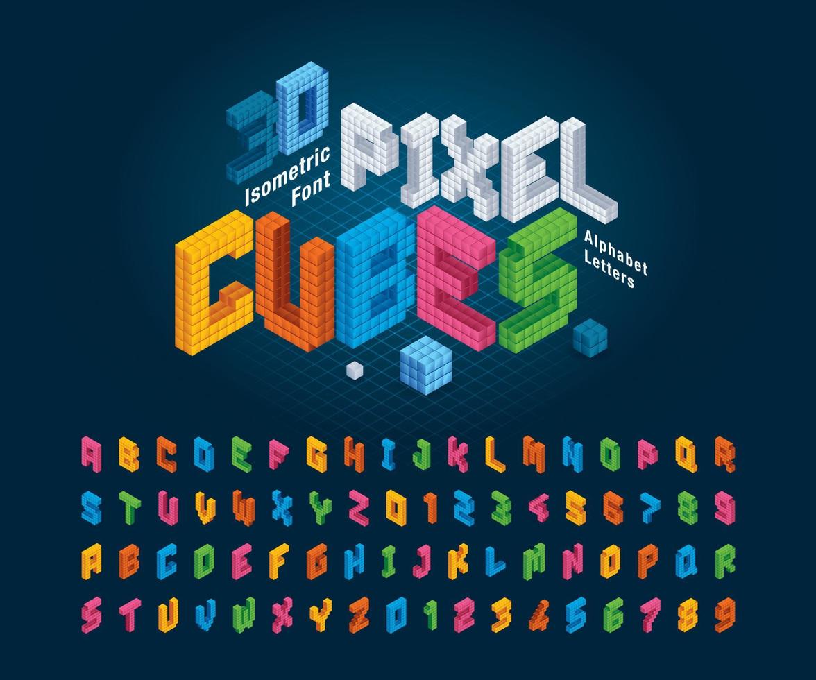 Abstract Colorful 3d Isometric Pixels stylized fonts. Vector of Cube Alphabet Letters and numbers.