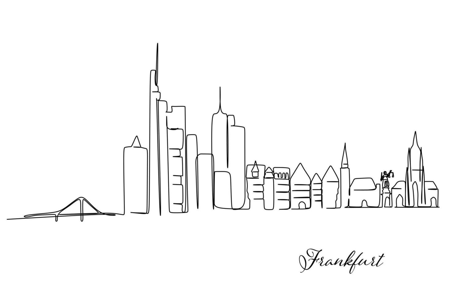 Single continuous line drawing of Frankfurt city skyline, Germany. Famous skyscraper landscape. World travel wall decor home art poster print concept. Modern one line draw design vector illustration