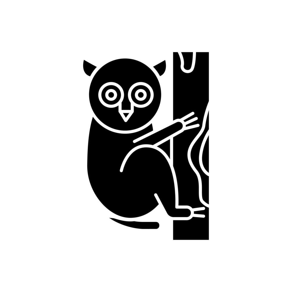 Tarsier glyph icon. Tropical country animals, mammals. Exploring exotic Indonesian islands wildlife. Primate on tree. Balinese fauna. Silhouette symbol. Negative space. Vector isolated illustration