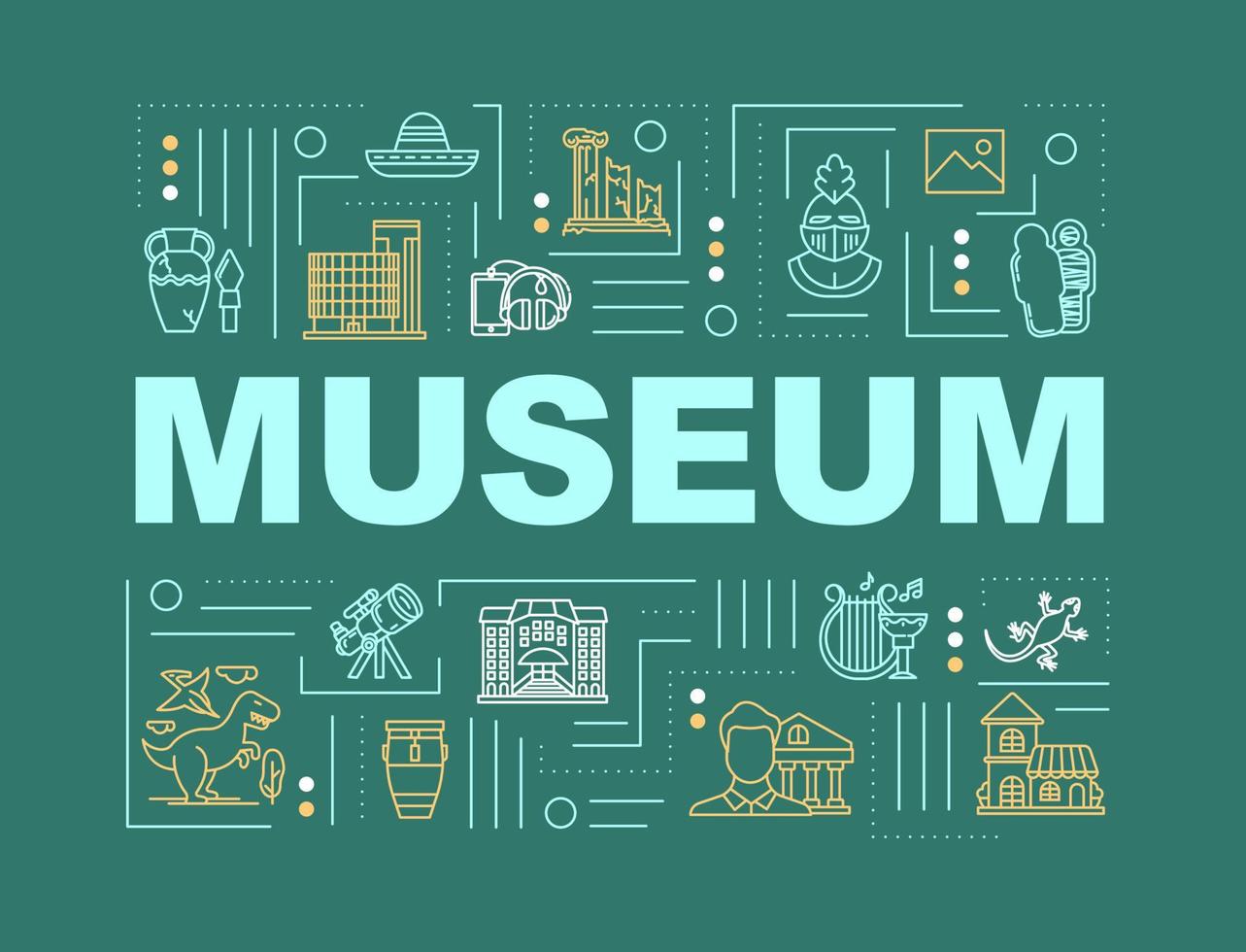 Museum word concepts banner. Historic exhibition and artifact exposition. Display gallery. Infographics with linear icons on green background. Isolated typography. Vector outline illustration