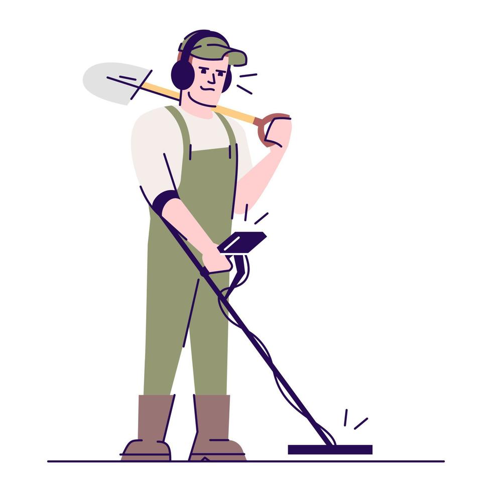 Archaeologist with metal detector and shovel flat vector illustration. Field survey. Search for treasure. Caucasian man with archaeological tools cartoon character with outline on white background