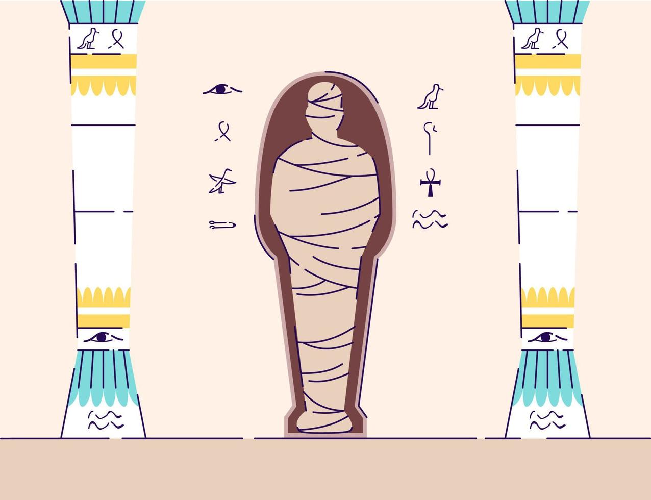 Egyptian mummy flat vector illustration. Ancient sarcophagus, hieroglyphs, columns. Tomb of pharaoh. Museum exposition with artifacts of ancient Egypt. Archaeological find cartoon backdrop