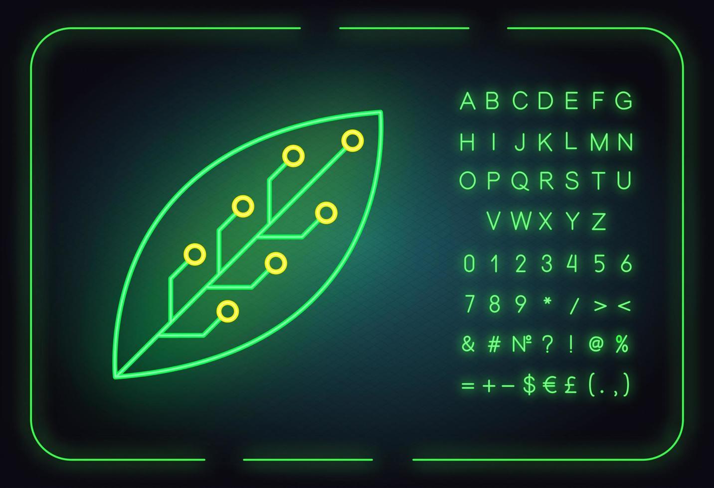 Leaf with microchip neon light icon. Smart agriculture. Green information technology. Organic chemistry. Nanotechnology development. Glowing sign with alphabet, symbols. Vector isolated illustration