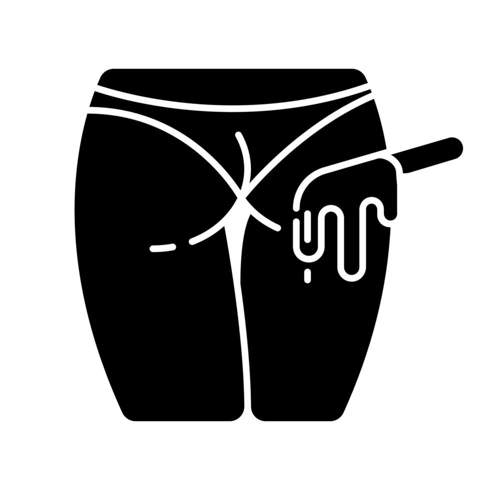 Buttocks waxing glyph icon. Female butt hair removal procedure. Depilation with natural soft hot wax. Professional beauty treatment. Silhouette symbol. Negative space. Vector isolated illustration