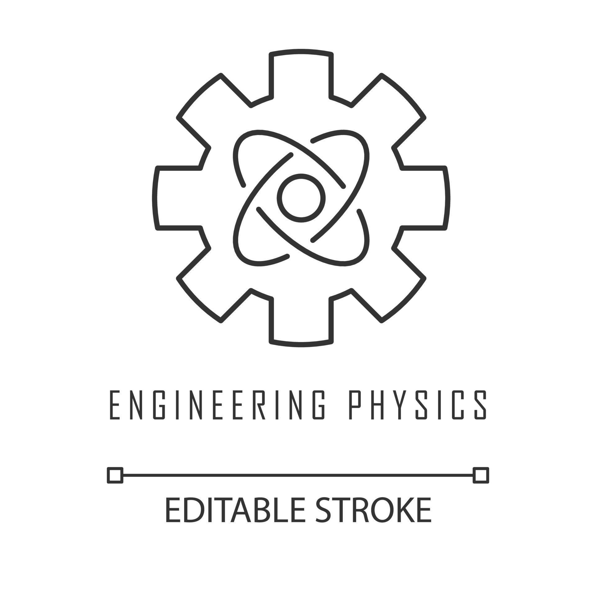 Engineering physics linear icon. Cogwheel and atom structure model