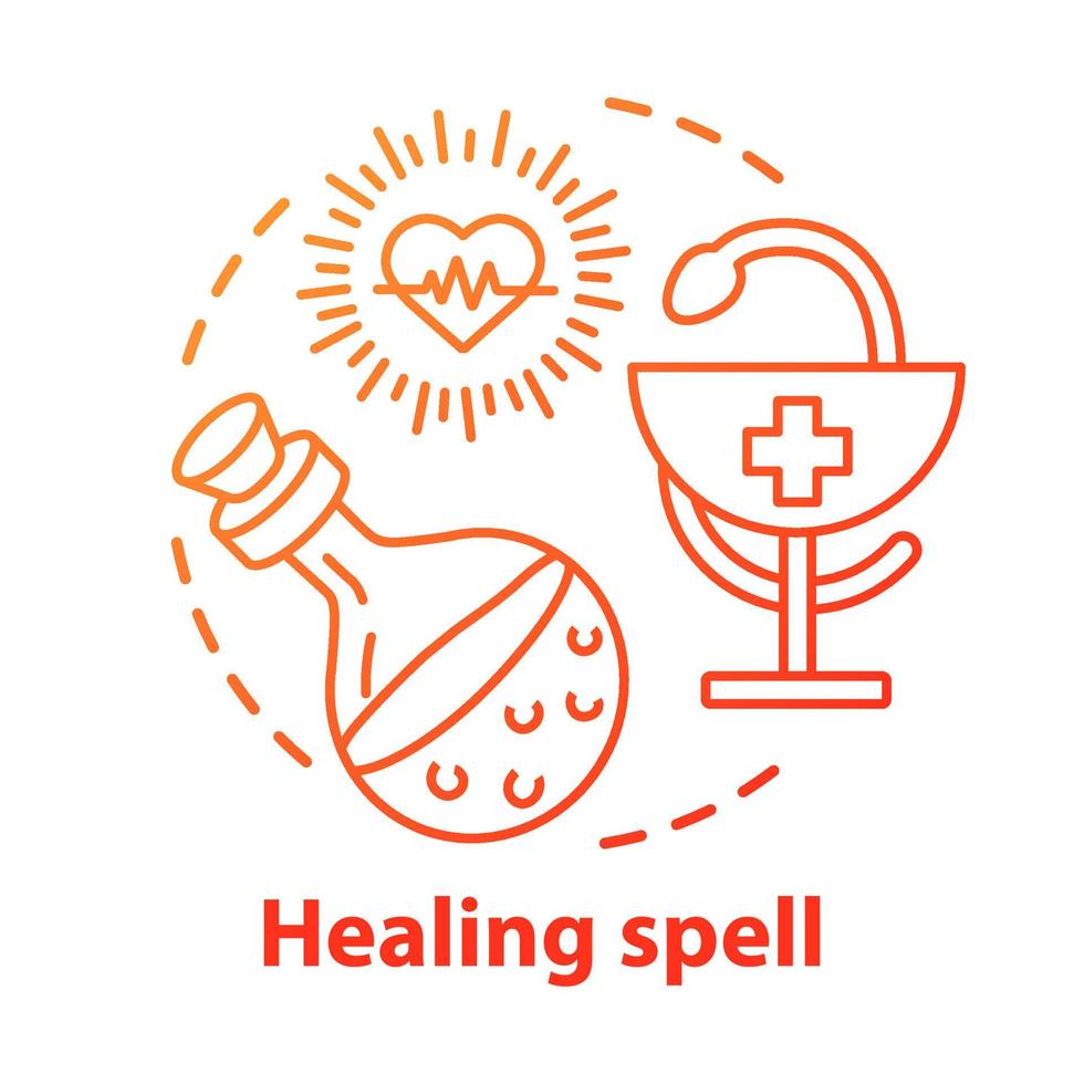 Healing spell concept icon. Apothecary and alchemy idea thin line illustration. Occult medicine, homeopathy, health elixir. Snake with bowl, heart and magic potion vector isolated outline drawing
