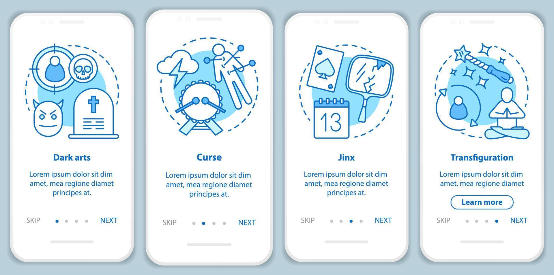 Dark magic onboarding mobile app page screen with linear concepts. Transfiguration, curse spells walkthrough steps graphic instructions. Witchcraft UX, UI, GUI vector template with illustrations
