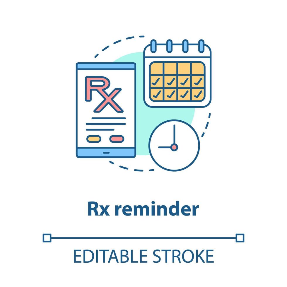 Pharmacy concept icon. Rx medication intake reminder idea thin line illustration. Prescription drugs scheduled alarm. Smartphone medicine tracker. Vector isolated outline drawing. Editable stroke