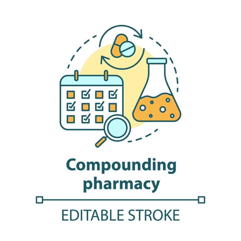 Compounding pharmacy concept icon. Personalized medications idea thin line illustration. Medication treatment schedule. Drugs mixing, compatibility. Vector isolated outline drawing. Editable stroke