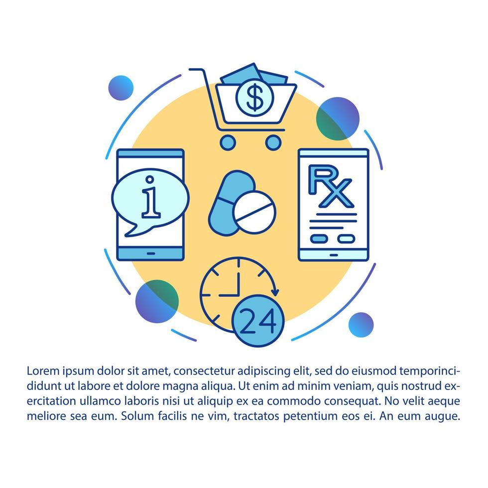 plantilla de vector de página de artículo de farmacia de Internet. compras de medicamentos. folleto, revista, elemento de diseño de folleto con iconos lineales y cuadros de texto. diseño de impresión. ilustraciones conceptuales con espacio de texto