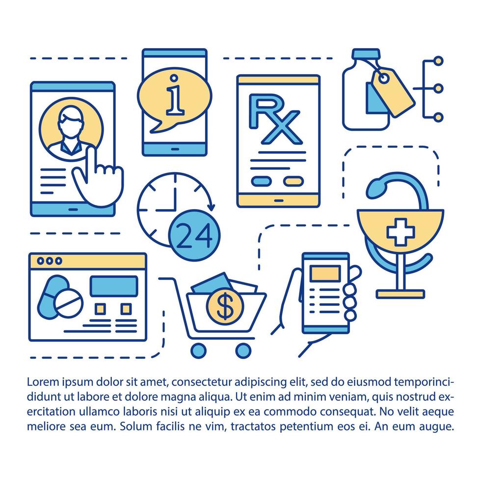 plantilla de vector de página de artículo de farmacia en línea. compra de medicamentos. folleto, revista, elemento de diseño de folleto con iconos lineales y cuadros de texto. diseño de impresión. ilustraciones conceptuales con espacio de texto