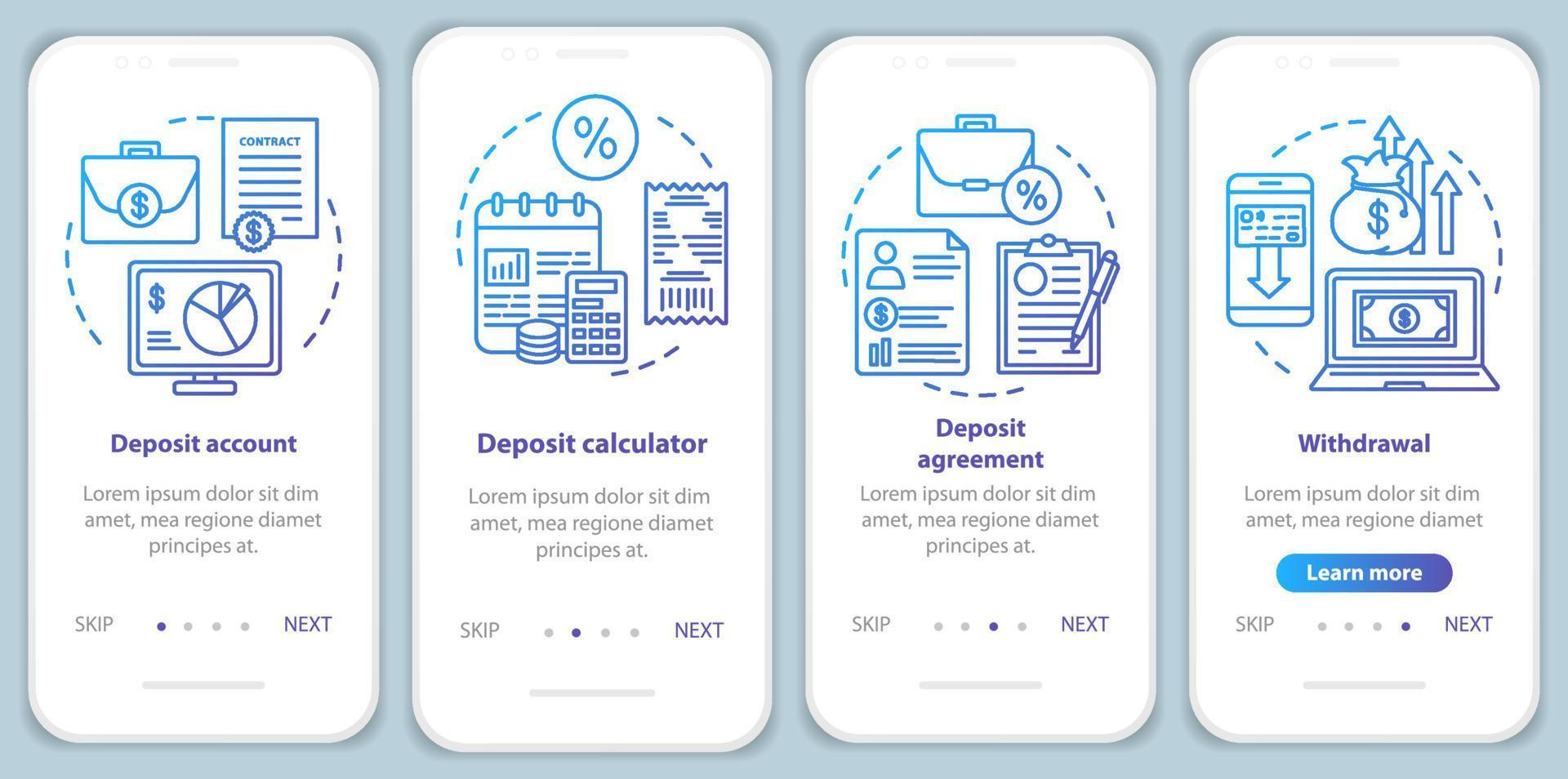 Bank deposit onboarding mobile app page screen vector template. Deposit account and agreement. Walkthrough website steps with linear illustrations. UX, UI, GUI smartphone interface concept