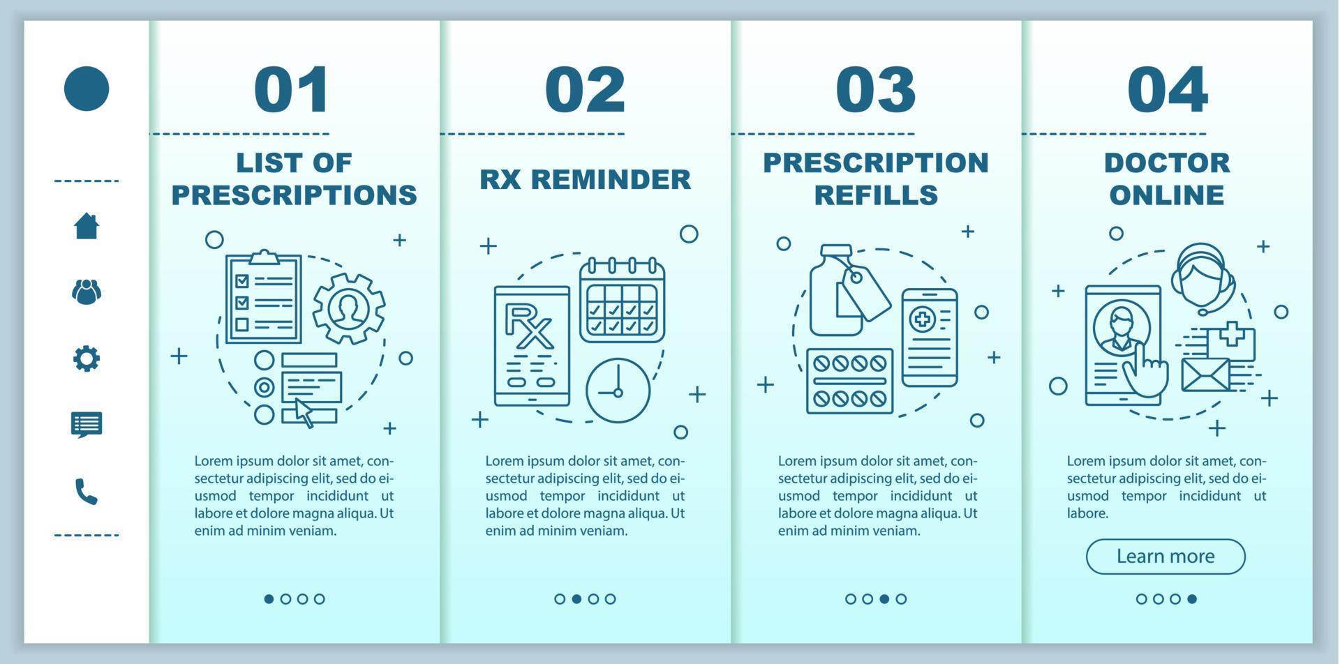 Online pharmacy, service onboarding mobile web pages vector template. Responsive smartphone website interface idea with linear illustrations. Webpage walkthrough step screens. Color concept