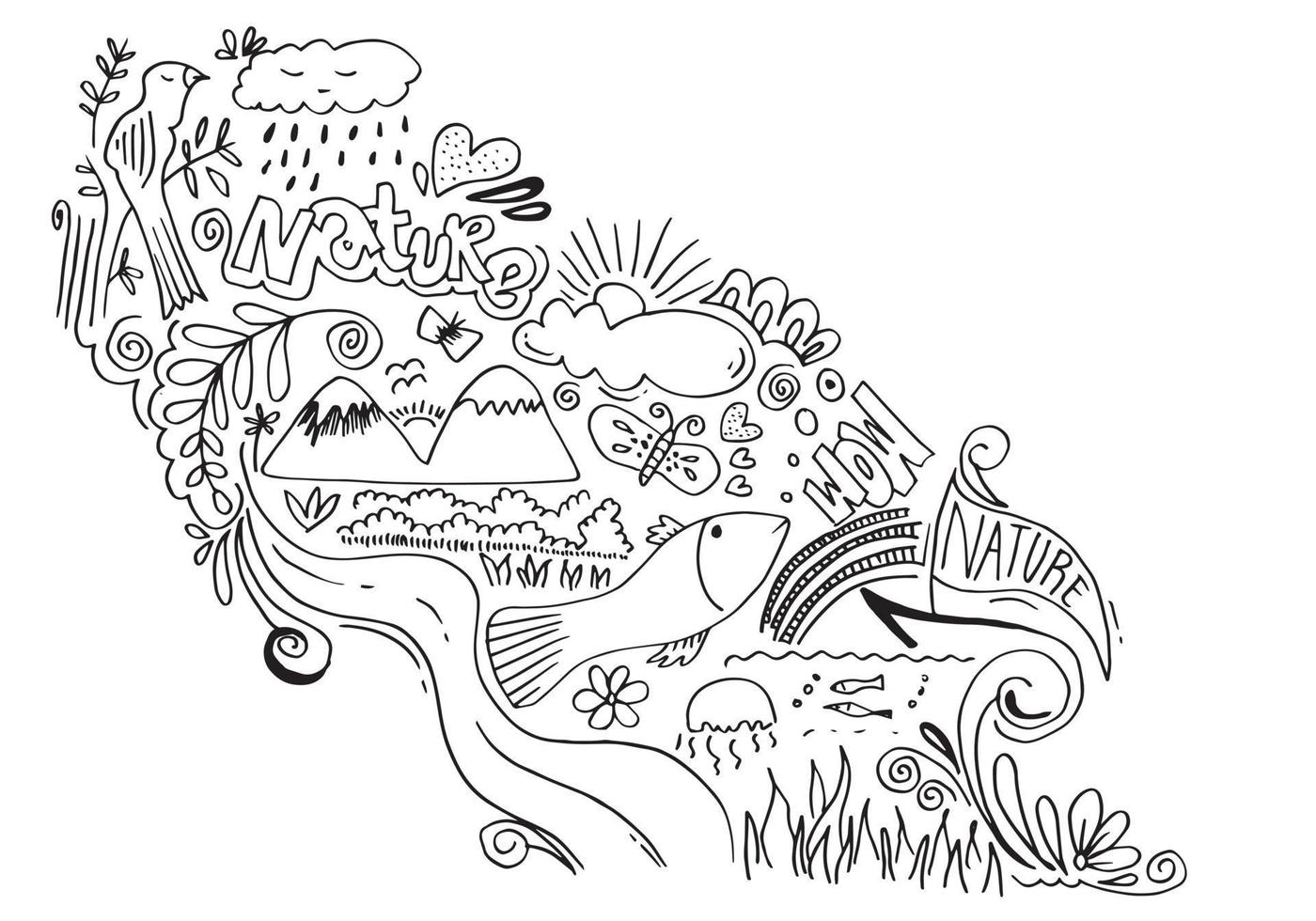 Creative art doodles hand drawn Design illustration with text Nature and wow. vector