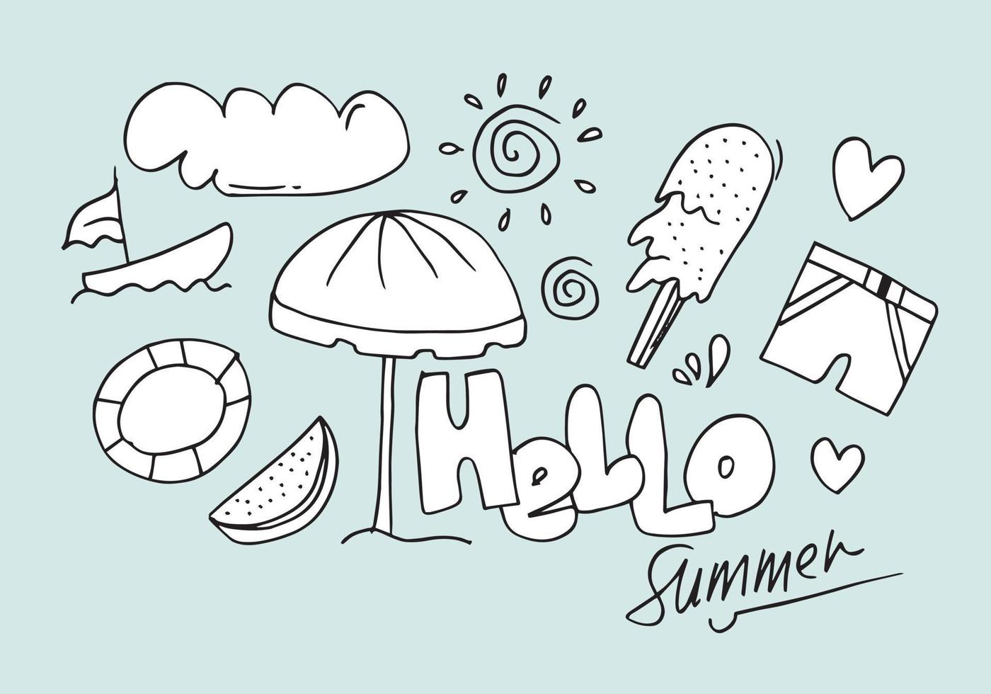 Hello Summer collection. Vector illustration of funny doodle summer symbols isolated on blue background.