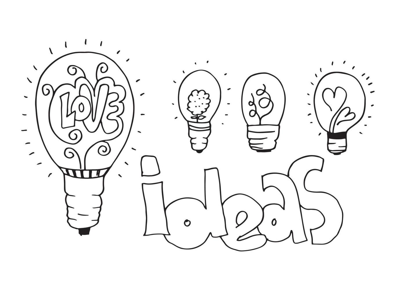 Lightbulb ideas concept doodles icons set. Vector illustration.