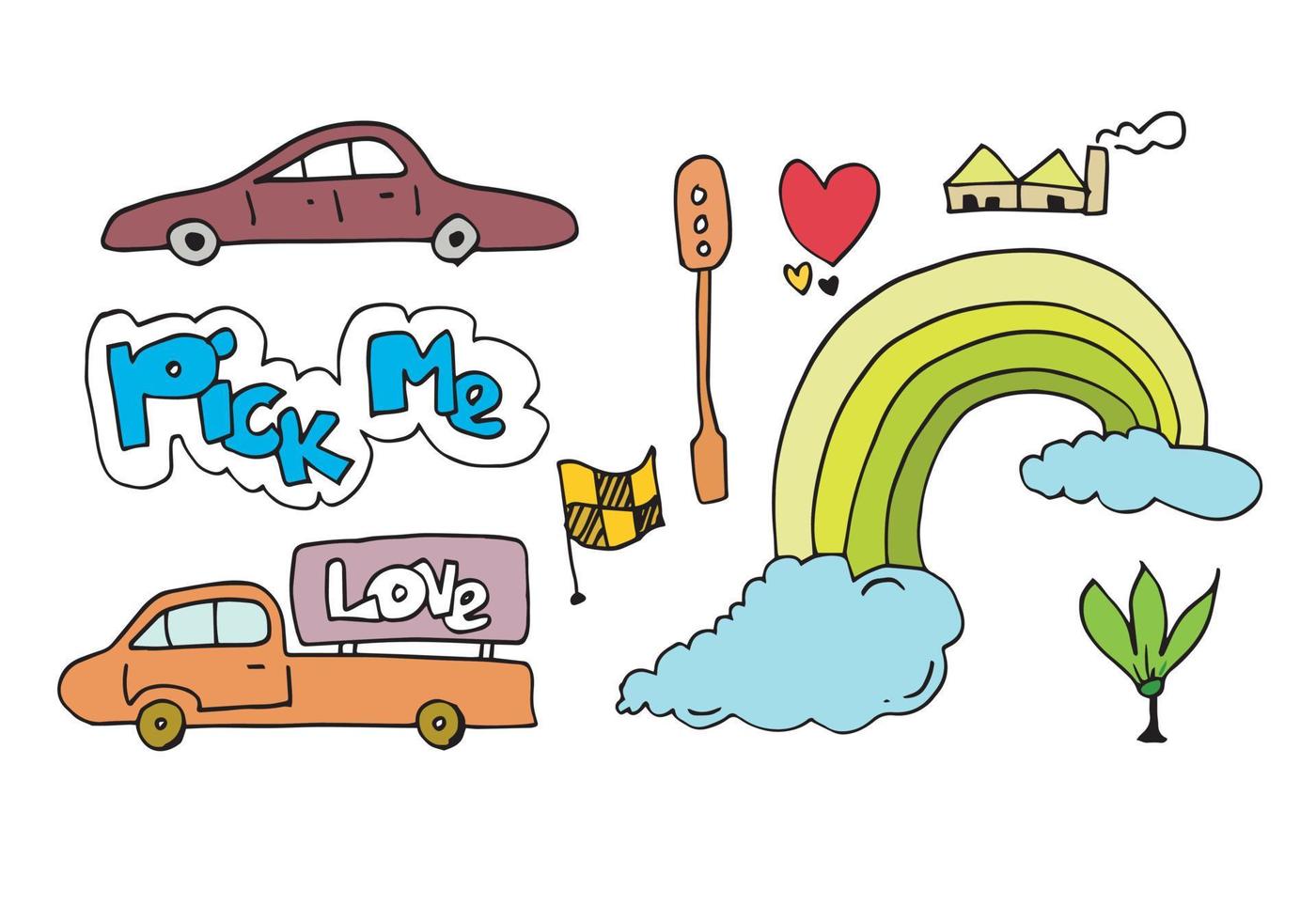 kids hand drawn doodle set like car, cloud, rainbow, flag, heart, love and pick me lettering. vector