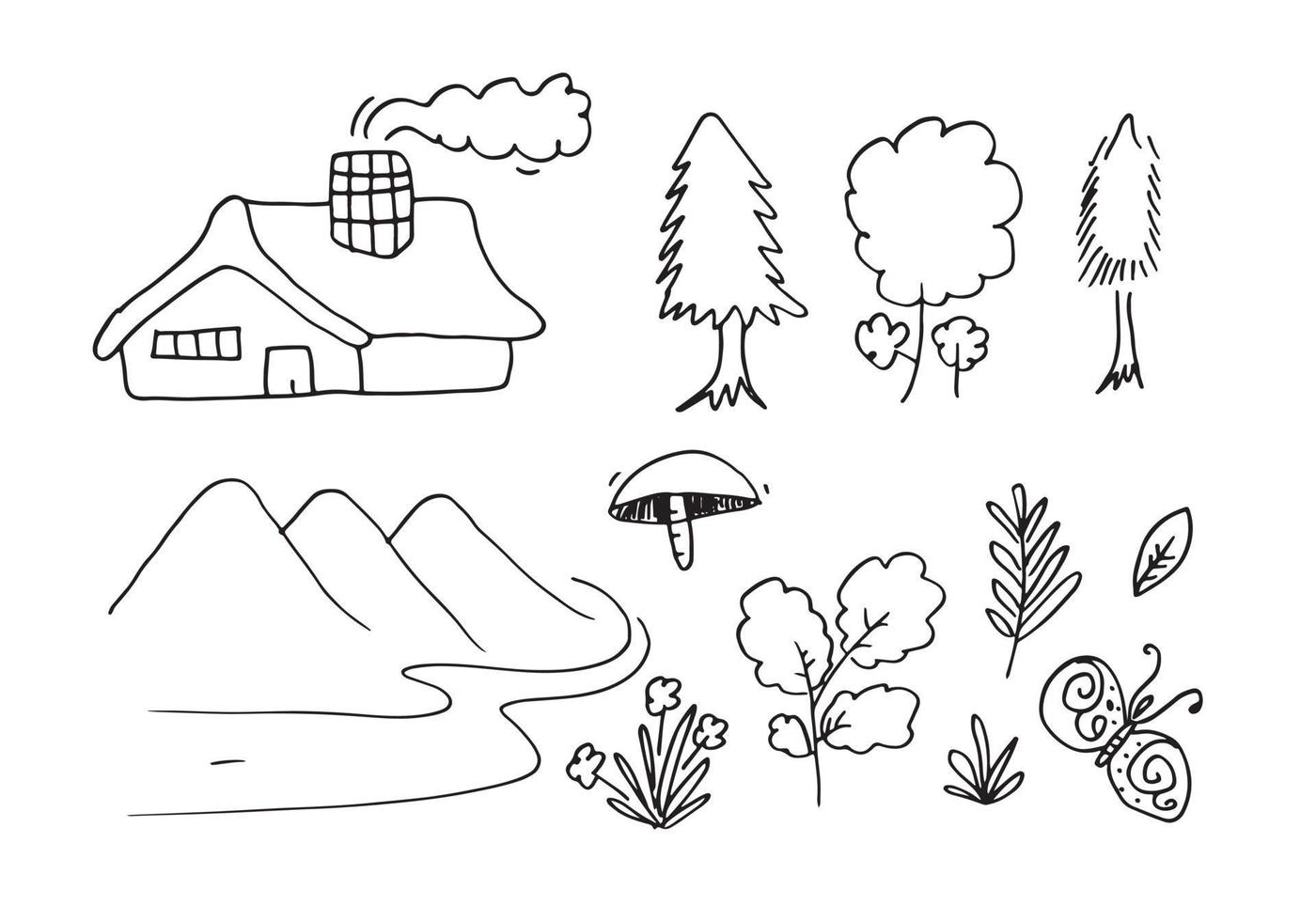 Bosquejo de montañas dibujadas a mano con bosque, camino, árboles, hierba y casa. Ilustración de vector. vector