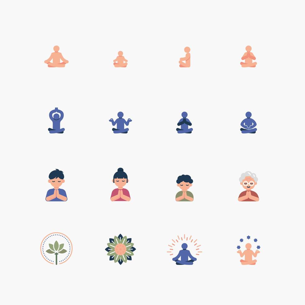 paquete de colección de iconos planos de yoga de meditación. vectores de diseño sencillo