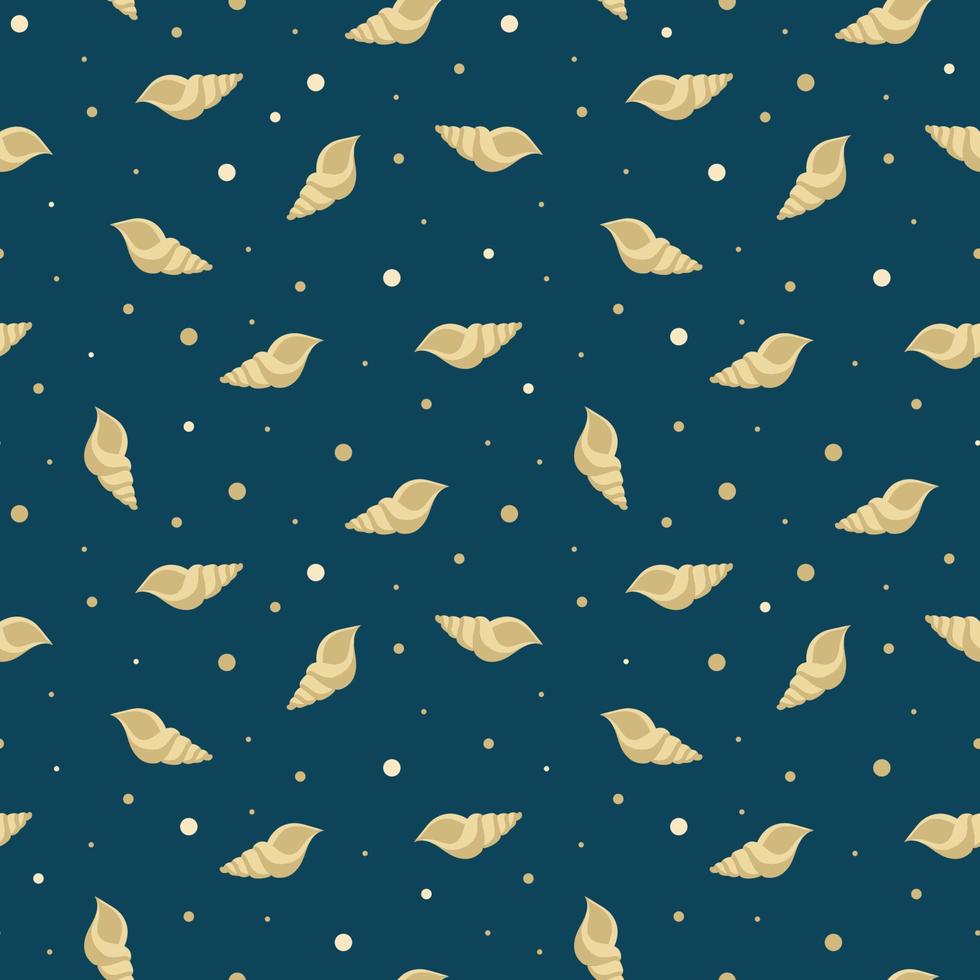 Summer bright seamless pattern with shells. Ochre elements on dark background. Marine children's print. Seashells vector