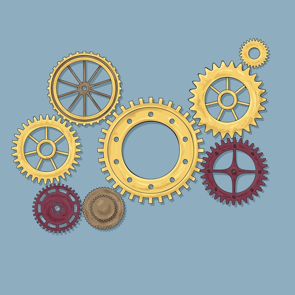 Vector illustration of a gear. Colored round gear elements of the mechanism. Group isolated details. Engineering mechanism, equipment