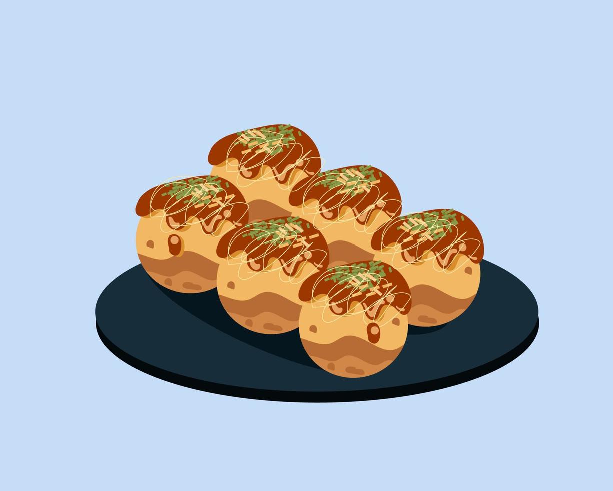 takoyaki, bolas de pulpo, estilo de vector de dibujos animados de comida japonesa para su diseño.