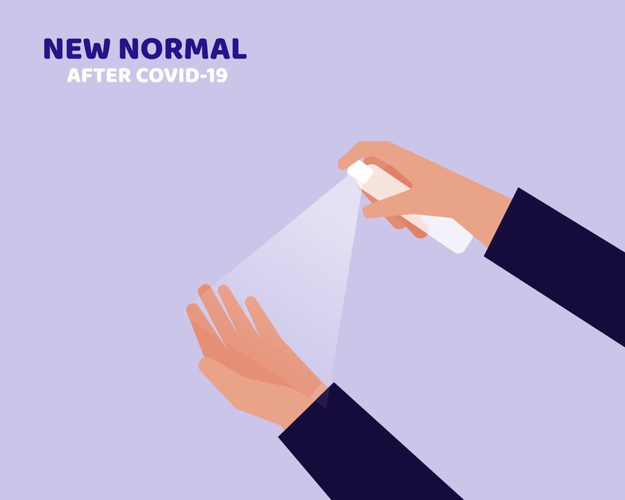 New Normal After COVID-19 Crisis. Hand spray alcohol with tranparent bottle to the other hand for sanitize coronavirus. Cartoon vector style for your design.