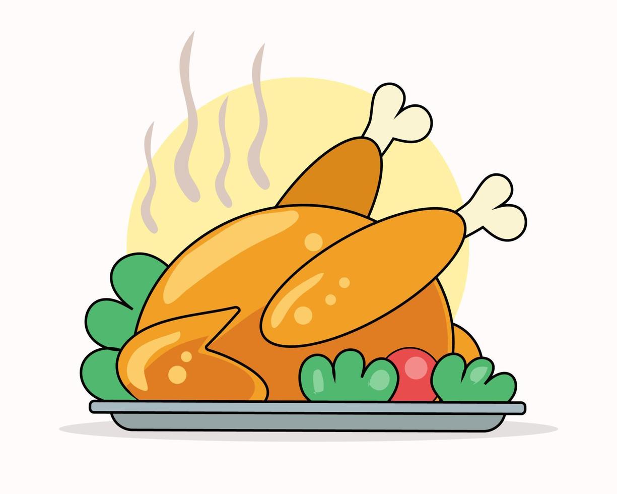 pavo asado o al horno en un plato. comida para el día de acción de gracias en lindo vector de dibujos animados para su diseño