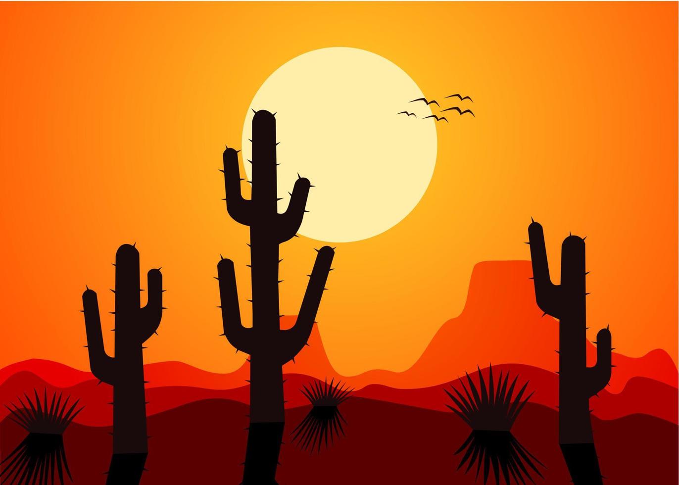 una puesta de sol en el desierto con diseño de vector de cactus