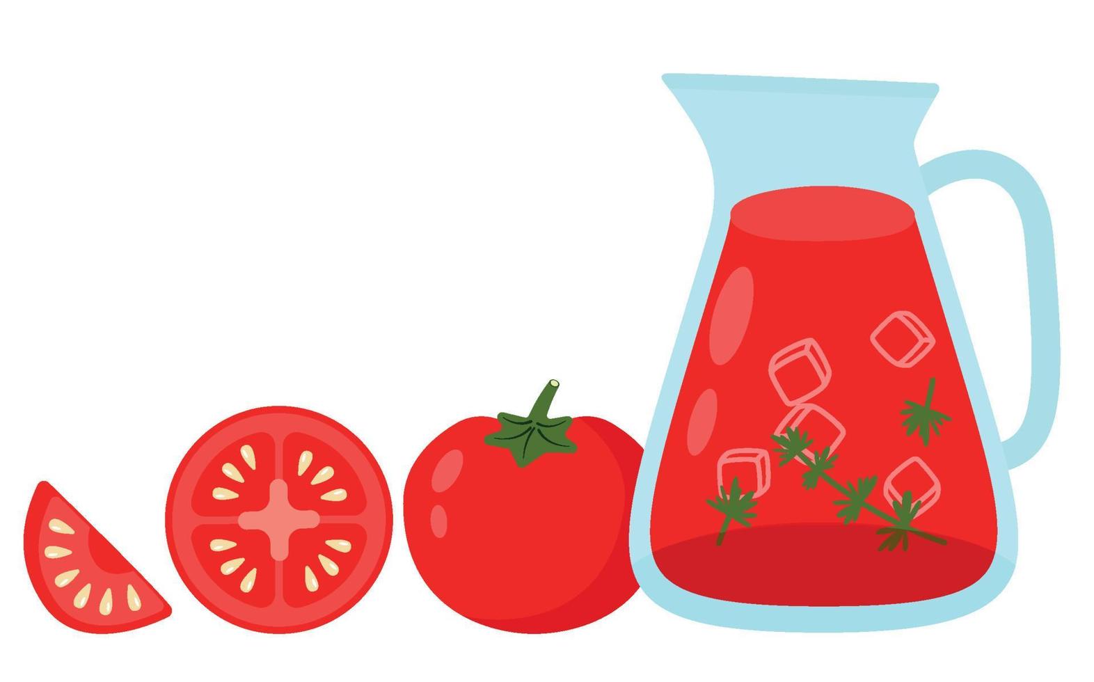 un conjunto de tomates. tomates enteros y cortados a la mitad y jugo de tomate sobre un fondo blanco. vegetales rojos frescos, alimentos orgánicos saludables vegetarianos y veganos. ilustración vectorial vector