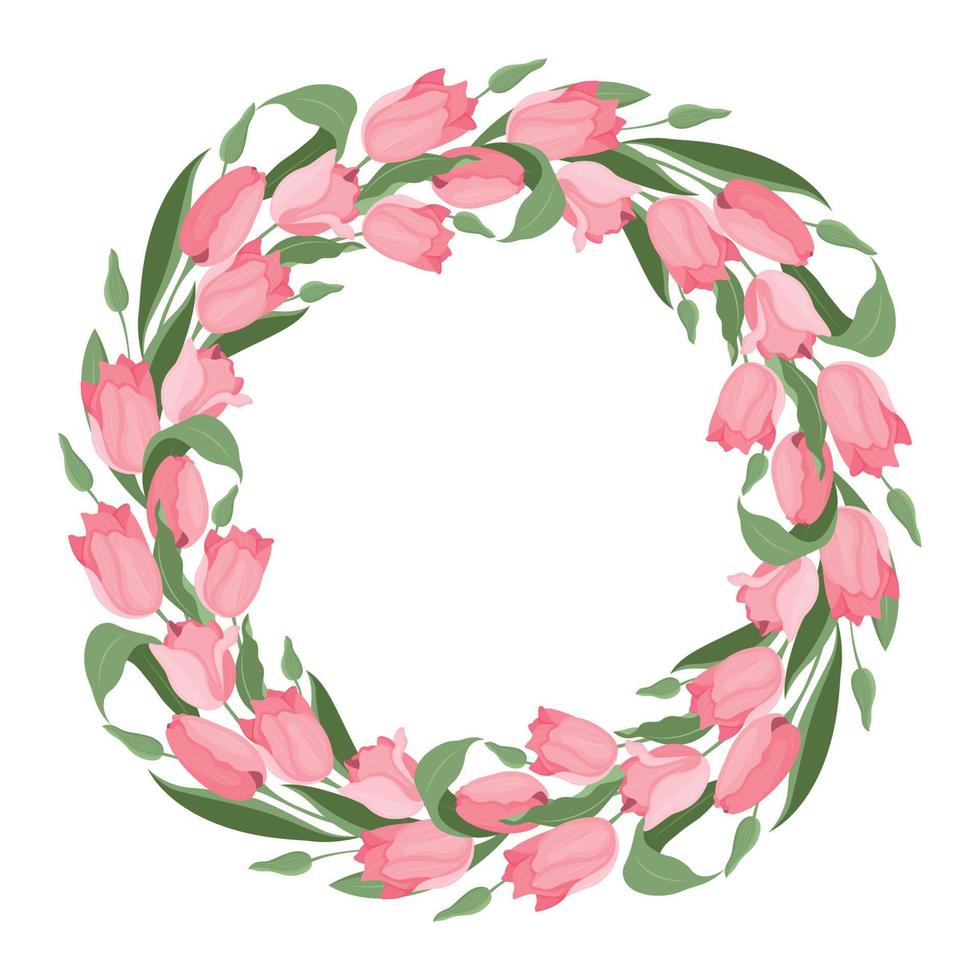 A wreath of tulips and leaves. Suitable for postcards and invitations. Vector