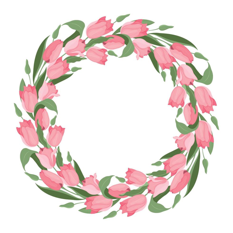 A wreath of tulips and leaves. Suitable for postcards and invitations. Vector