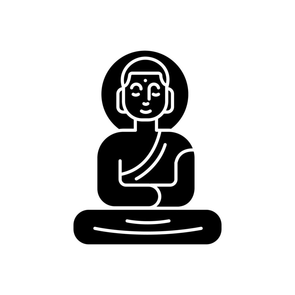 Buddha statue glyph icon. Sitting meditation in lotus pose. Symbol of peace and harmony. Oriental religious sculpture. Silhouette symbol. Negative space. Vector isolated illustration