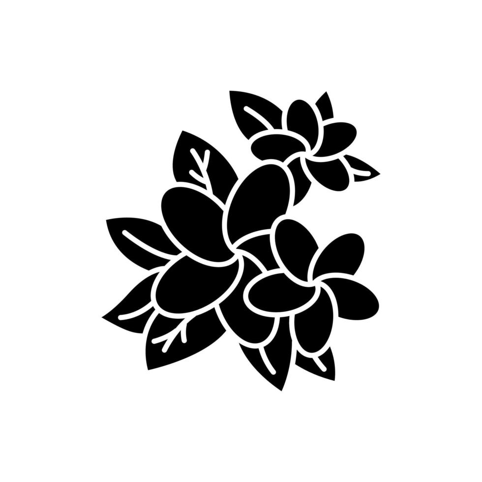 Plumeria glyph icon. Exotic region flowers. Nature of Indonesian jungles. Small tropical plants. Blossom of frangipani with leaves. Silhouette symbol. Negative space. Vector isolated illustration