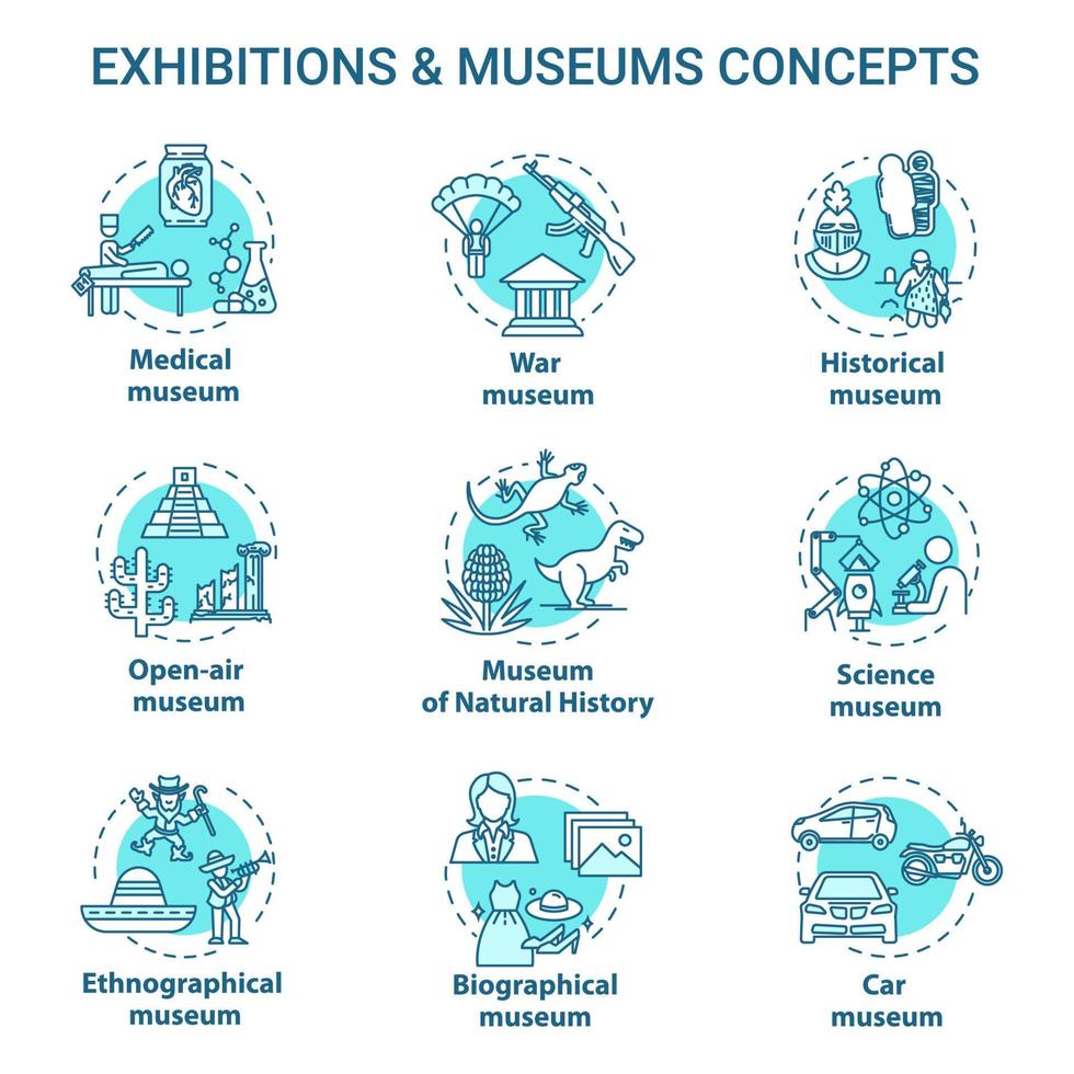 Museum exhibition concept icons set. Ethnographical and biographical exposition. Natural history. Open-air display idea thin line illustrations. Vector isolated outline drawings. Editable stroke