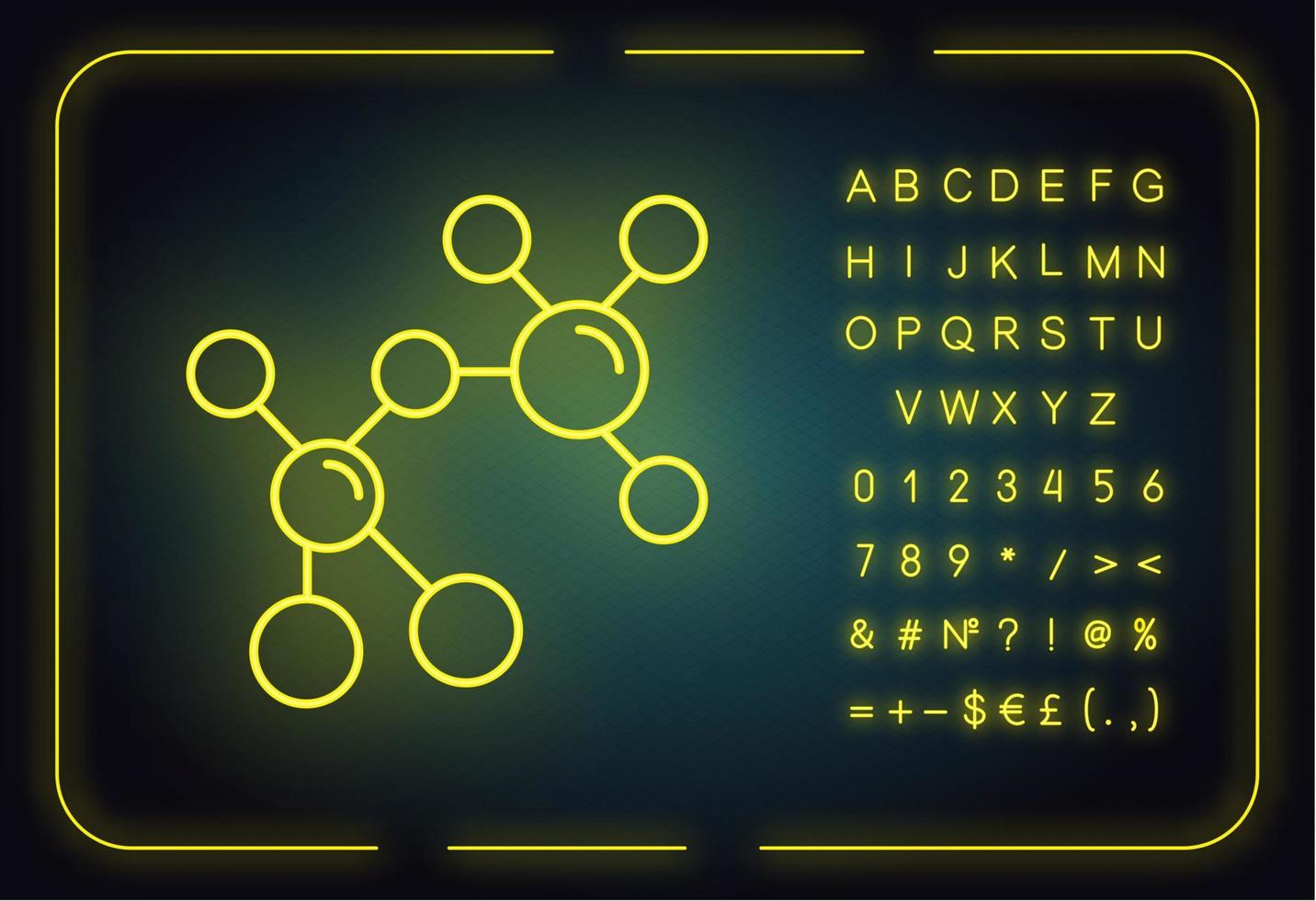 icono de luz de neón de modelado de átomos. estructura cristalina. modelo molecular de bola y palo. elementos de química orgánica. signo brillante con alfabeto, números y símbolos. ilustración vectorial aislada vector