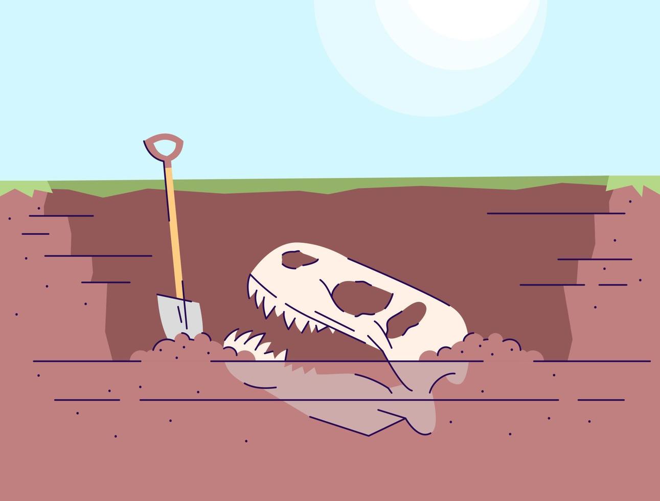 Dinosaur skull excavation flat vector illustration. Prehistoric animals researching. Paleontological expedition. Bones of extinct animal in ground, shovel. Skeleton and spade cartoon backdrop