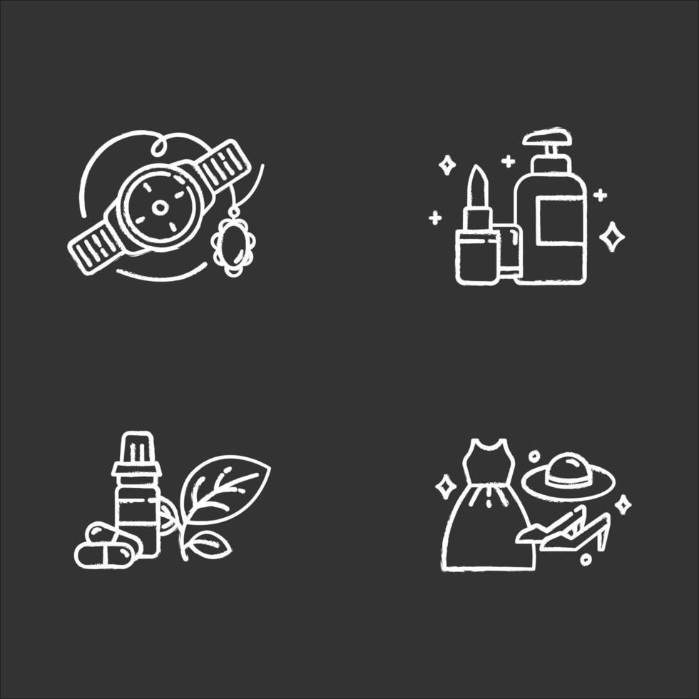 E commerce departments chalk icons set. Online shopping categories. Beauty and personal care. Fashion. Jewelry and watches. Health products. Isolated vector chalkboard illustrations