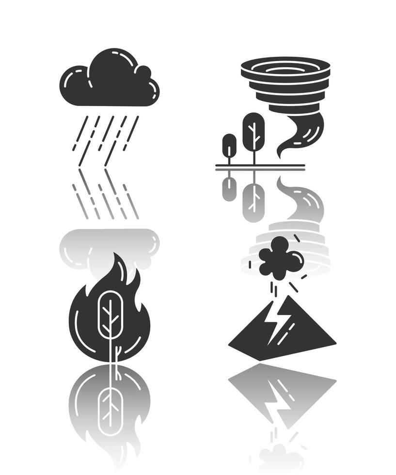 Natural disaster drop shadow black glyph icons set. Global climate changes. Wildfire, downpour, volcanic eruption, tornado. Environmental hazards. Isolated vector illustrations