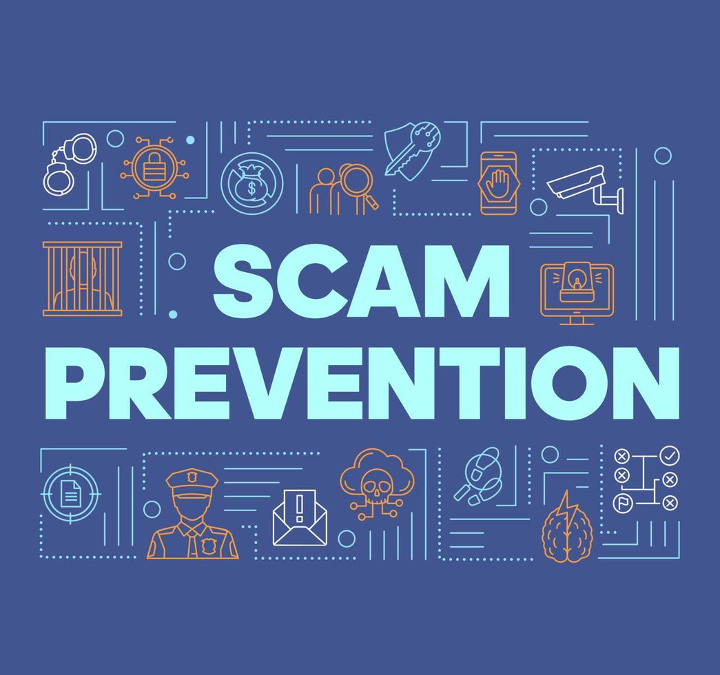 Scam prevention blue word concepts banner. Fraud protection presentation, website. Stopping illegal actions. Isolated lettering typography idea with linear icons. Vector outline illustration
