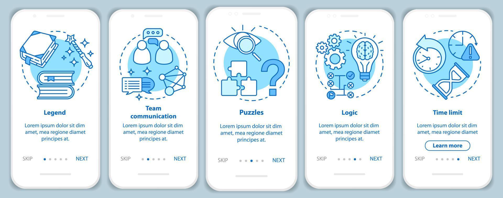 Escape room turquoise onboarding mobile app page screen with linear concepts. Quest game. Teamwork, logic. Five walkthrough steps graphic instructions. UX, UI, GUI vector template with illustrations