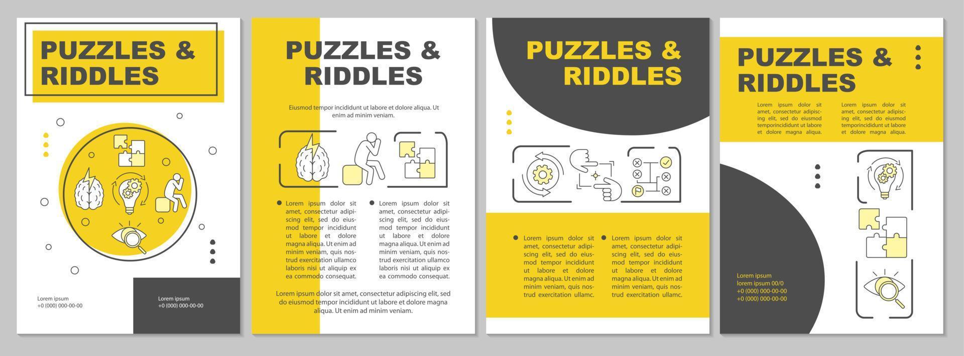 Puzzles and riddles brochure template. Escape room flyer, booklet, leaflet print, cover design with linear illustrations. Vector page layouts for magazines, annual reports, advertising posters.