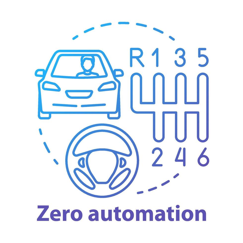 Zero automation concept icon. Car with manual transmission. Vehicle, gearbox, steering wheel. Driving school idea thin line illustration. Vector isolated outline drawing. Editable stroke