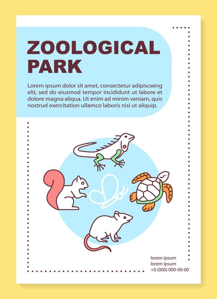 diseño de plantilla de póster del parque zoológico. reptiles animales salvajes. fauna de la naturaleza. banner, folleto, diseño de impresión de folleto con iconos lineales. diseños de página de folletos vectoriales para revistas, volantes publicitarios vector